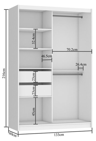 Tolóajtós szekrény 133 cm Belini fehér matt tükörrel és fiókokkal MBP SZP6/1/W/W/0/KLAL