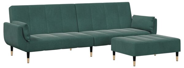 2 személyes sötétzöld bársony kanapéágy lábtartóval