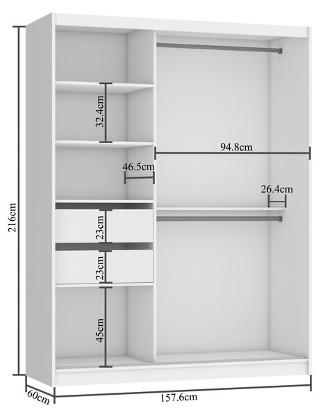 Tolóajtós szekrény 158 cm Belini fehér matt / fehér fényű tükörrel és fiókokkal MGB SZP7/0/W/1L5W/KLAL