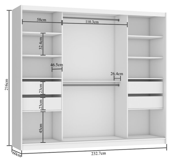 Tolóajtós szekrény 232 cm Belini fehér matt / fehér fényű tükörrel és fiókokkal MGB SZP8/0/W/2W1L/KLAL