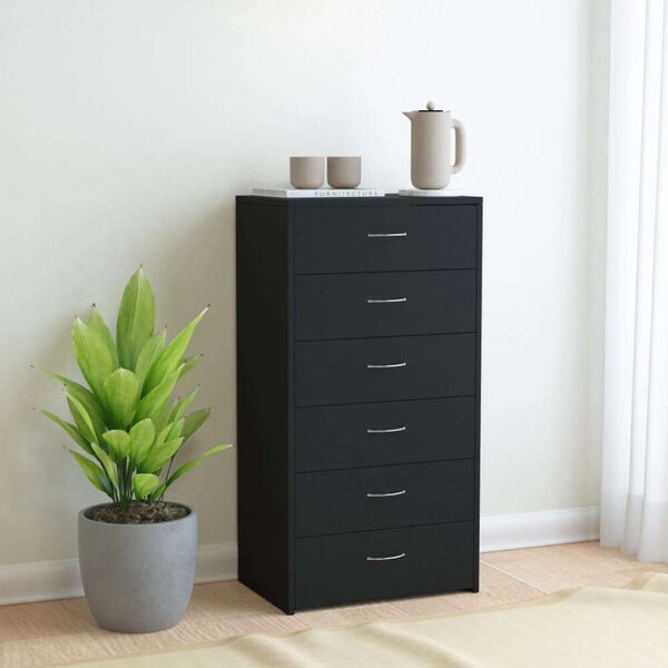 VidaXL 6-fiókos fekete forgácslap tálalószekrény 50 x 34 x 96 cm
