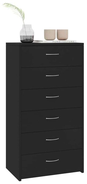 VidaXL 6-fiókos fekete forgácslap tálalószekrény 50 x 34 x 96 cm