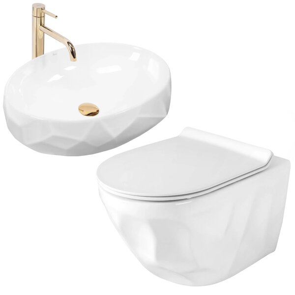 Szett fali WC csésze REA Gustavo Rimless + pultra helyezhető mosdó Maya