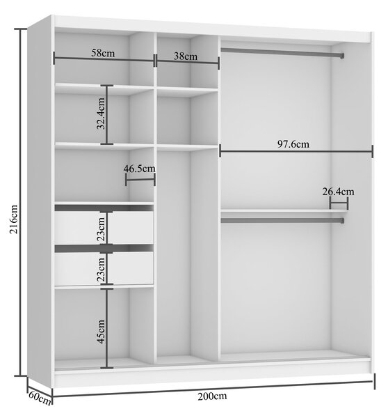 Tolóajtós szekrény 200 cm Belini fekete matt / fehér matt tükörrel és fiókokkal ME SZP5/1/B/W/0/KLP