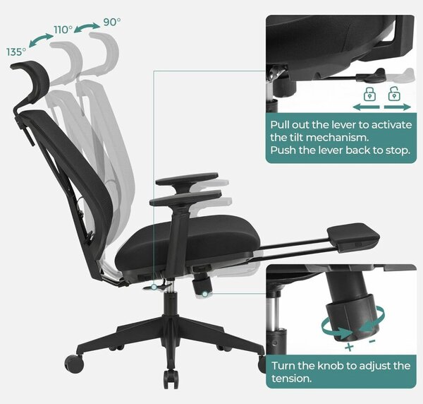 Ergonomikus irodai szék lábtartóval, maximális terhelés 150 kg, fekete