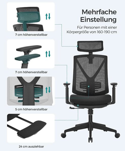 Ergonomikus irodai szék lábtartóval, maximális terhelés 150 kg, fekete