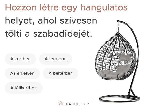 Fehér függőfotel KOKON állvánnyal, szürke párna