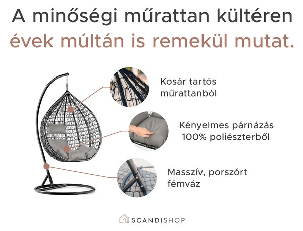 Fehér függőfotel KOKON állvánnyal, szürke párna