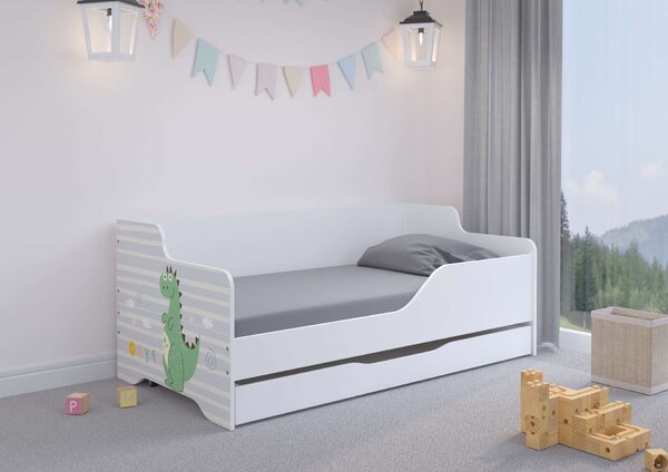 LILU gyerekágy laminált előlappal, 160x80cm, matraccal és ágyneműtartóval - dinoszauruszos