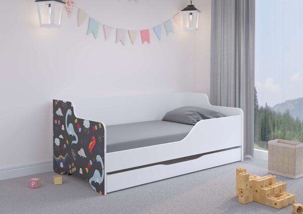 LILU gyerekágy laminált fronttal 160x80cm matraccal és ágyneműtartóval - színes dínós