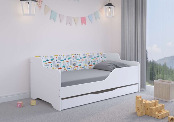 LILU gyerekágy laminált oldallal 160x80cm matraccal és ágyneműtartóval - autós