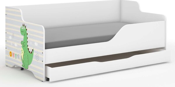 LILU gyerekágy laminált előlappal, 160x80cm, matraccal és ágyneműtartóval - dinoszauruszos