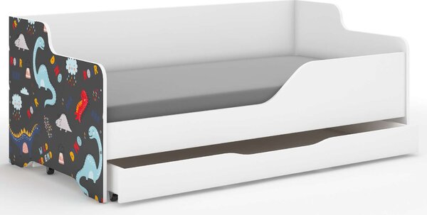 LILU gyerekágy laminált fronttal 160x80cm matraccal és ágyneműtartóval - színes dínós