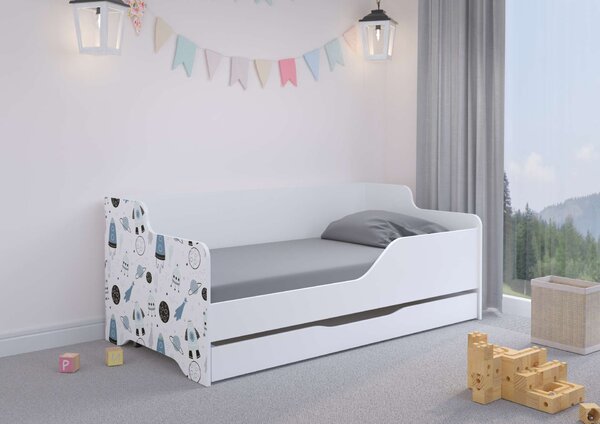 LILU gyerekágy laminált előlappal, 160x80cm, matraccal és ágyneműtartóval - űrhajós