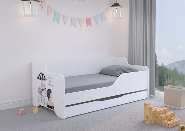 LILU gyerekágy laminált előlappal, 160x80cm matraccal és ágyneműtartóval - lány biciklin cicával
