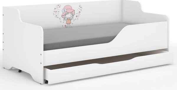 LILU gyerekágy laminált oldallal 160x80cm matraccal és ágyneműtartóval - kalapos lány lufival