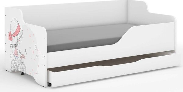 LILU gyerekágy laminált előlappal 160x80cm matraccal és ágyneműtárolóval - biciklis lány kalappal