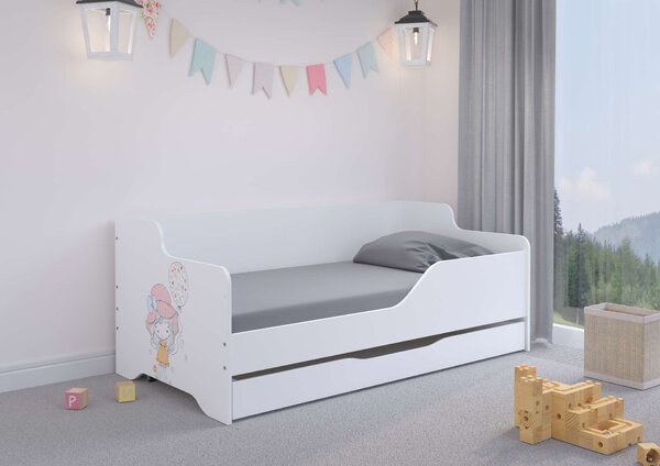 LILU gyerekágy laminált fronttal 160x80cm matraccal és ágyneműtartóval - kalapos lány lufival