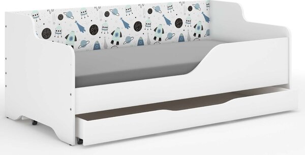 LILU gyerekágy laminált oldallal 160x80cm matraccal és ágyneműtartóval - űrhajós