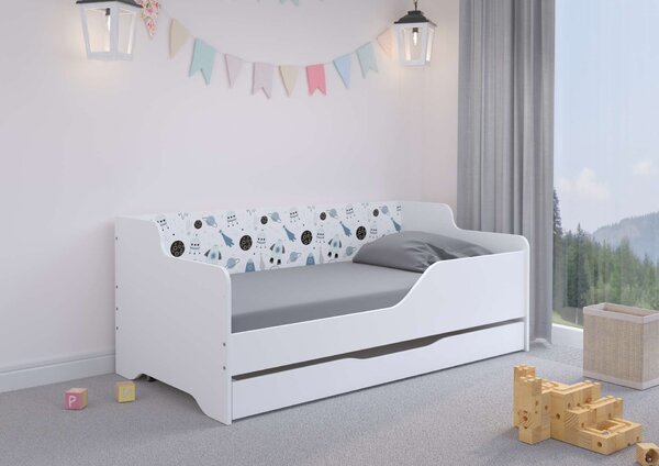 LILU gyerekágy laminált oldallal 160x80cm matraccal és ágyneműtartóval - űrhajós