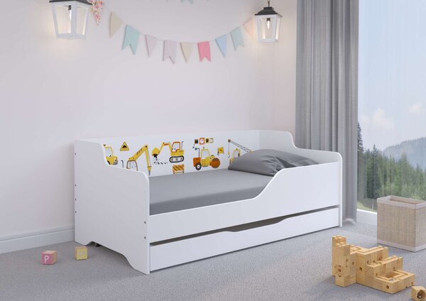 LILU gyermekágy laminált oldalakkal, 160x80cm, matraccal és ágyneműtárolóval - építkezés témával