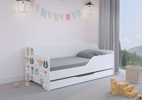 LILU gyerekágy laminált előlappal, 160x80 cm, matraccal és ágyneműtárolóval - erdei állatok