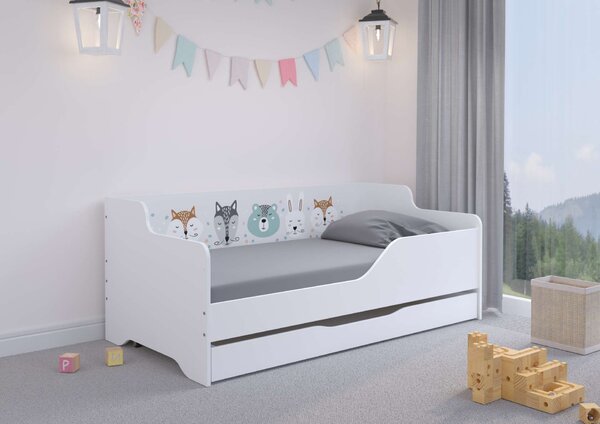 LILU gyerekágy laminált oldalakkal, 160x80 cm, matraccal és ágyneműtárolóval - erdei állatok