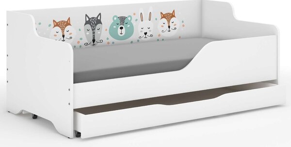 LILU gyerekágy laminált oldalakkal, 160x80 cm, matraccal és ágyneműtárolóval - erdei állatok