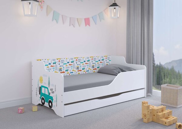 LILU gyerekágy laminált előlappal és oldallal, 160x80 cm, matraccal és ágyneműtartóval - autós