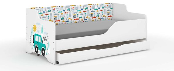 LILU gyerekágy laminált előlappal és oldallal, 160x80 cm, matraccal és ágyneműtartóval - autós