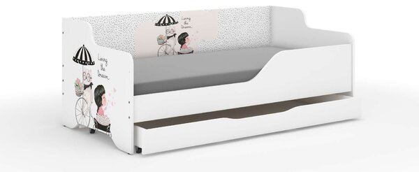 LILU gyerekágy laminált fronttal és oldallal 160x80cm matraccal és ágyneműtartóval - biciklis lány cicával
