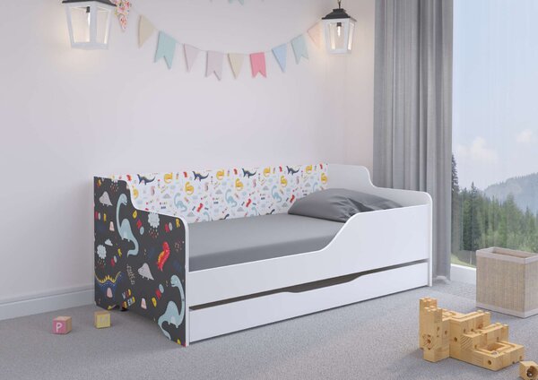 LILU gyerekágy laminált előlappal és oldallal, 160x80cm, matraccal és ágyneműtartóval - színes dinoszauruszok
