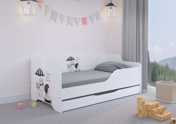 LILU gyerekágy laminált fronttal és oldallal 160x80cm matraccal és ágyneműtartóval - biciklis lány cicával