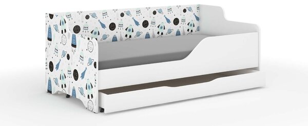 LILU gyerekágy laminált fronttal és oldallal 160x80cm matraccal és ágyneműtartóval - űrhajós