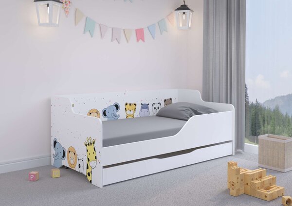 LILU gyerekágy laminált fronttal és oldallal 160x80cm matraccal és ágyneműtartóval - mini zoo