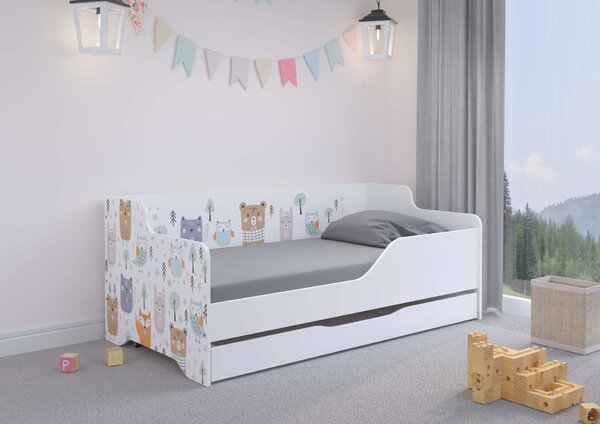 LILU gyerekágy laminált fronttal és oldallal 160x80cm matraccal és ágyneműtartóval - erdős