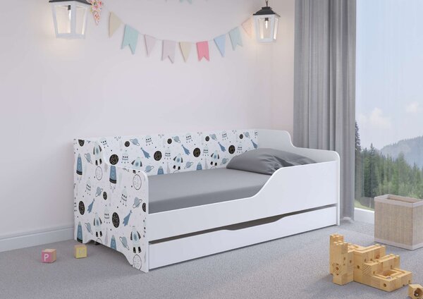 LILU gyerekágy laminált fronttal és oldallal 160x80cm matraccal és ágyneműtartóval - űrhajós