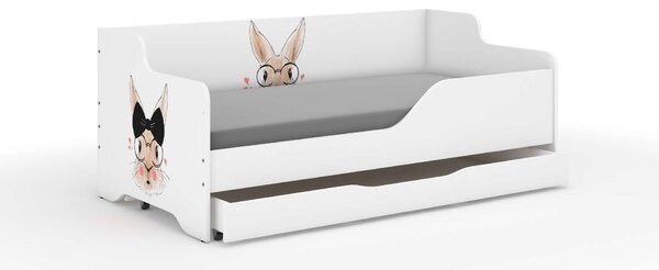 LILU gyermekágy laminált előlappal és oldallal, 160x80cm, matraccal és ágyneműtartóval - 'Lady Rabbit' design
