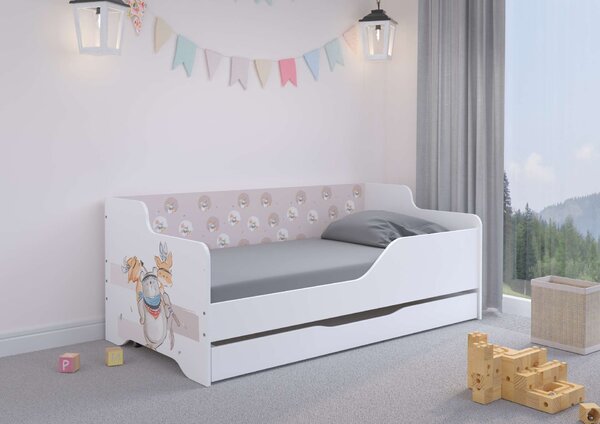 LILU gyerekágy laminált előlappal és oldallappal, 160x80cm, matraccal és ágyneműtárolóval - mák mintás