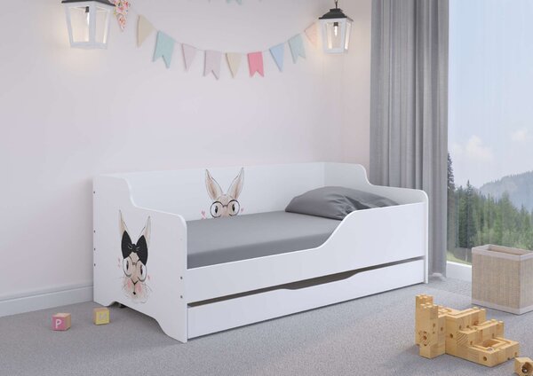 LILU gyermekágy laminált előlappal és oldallal, 160x80cm, matraccal és ágyneműtartóval - 'Lady Rabbit' design