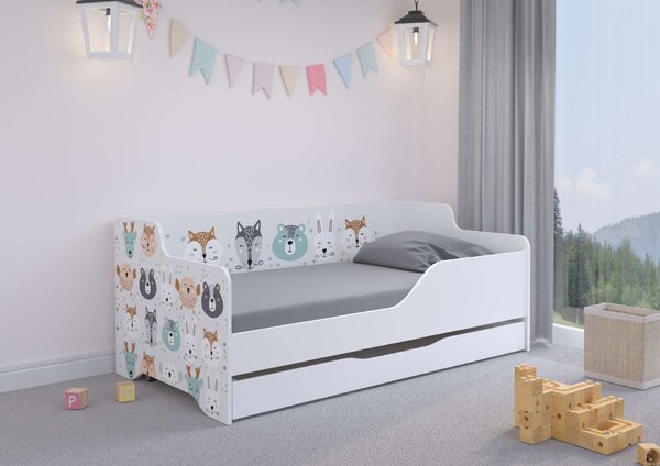 LILU gyermekágy laminált előlappal és oldalakkal, 160x80 cm-es, matraccal és ágyneműtartóval - erdei állatok
