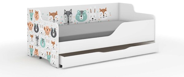 LILU gyermekágy laminált előlappal és oldalakkal, 160x80 cm-es, matraccal és ágyneműtartóval - erdei állatok