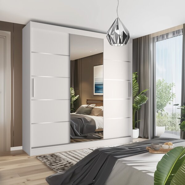 Tolóajtós szekrény 232 cm Belini fehér matt tükörrel és fiókokkal MBP SZP8/0/1W/2W1L/0/KLAL
