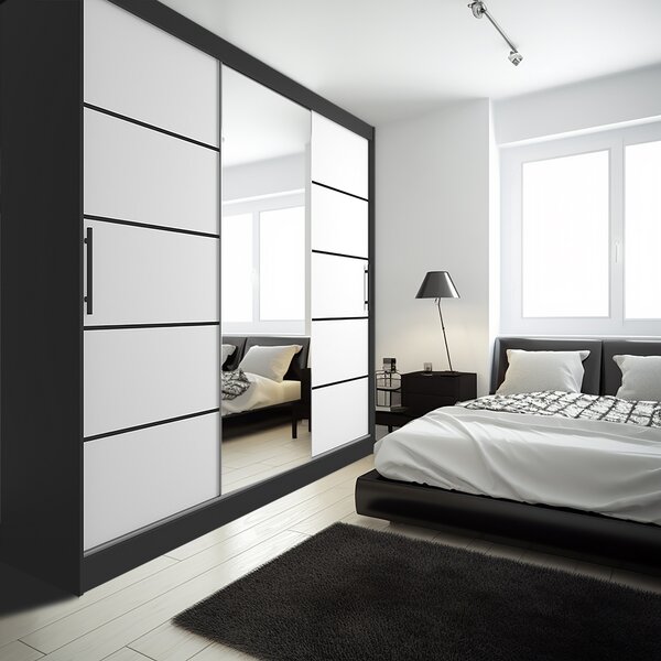 Tolóajtós szekrény 232 cm Belini fekete matt / fehér matt tükörrel és fiókokkal MBP SZP8/0/1B/2W1L/0/KLP