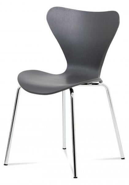 Jídelní židle, šedý plastový výlisek s dekorem dřeva, kovová chromovaná čtyřnohá