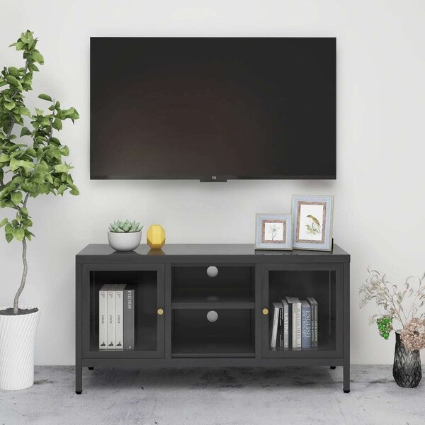 Acél Üveg TV Szekrény - 105x35x52 cm - Antracitszürke