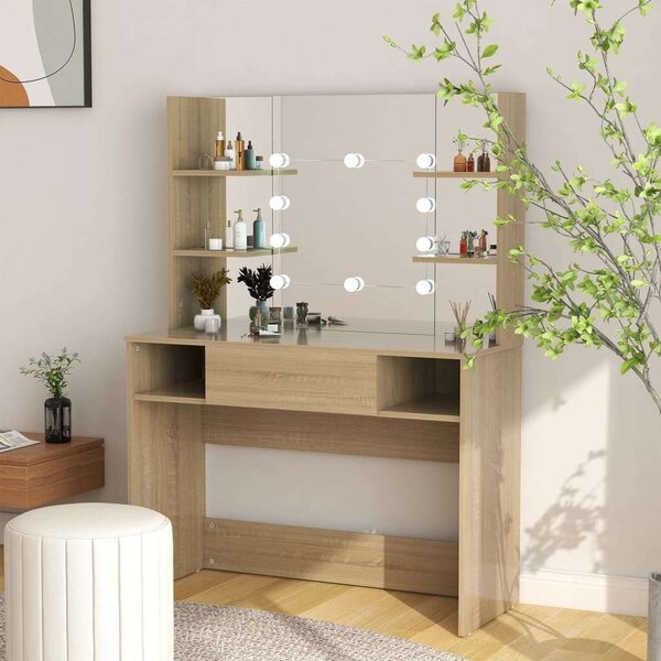 LED-es Sminkasztal - Tölgy - 100x40x135 cm