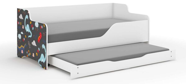 LILU gyerekágy laminált fronttal 160x80cm matraccal és ágyazható ágyneműtartóval benne 140x70 cm matraccal - színes dínós