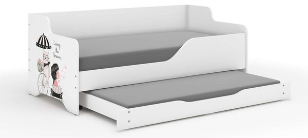 LILU gyerekágy laminált előlappal, 160x80cm, matraccal (140x70 cm) és kihúzható ágyneműtartóval - kislány biciklivel és cicával