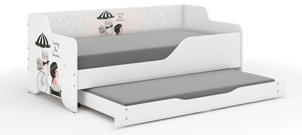 LILU gyerekágy laminált fronttal és oldallal 160x70cm matraccal és ágyazható ágyneműtartóval benne 140x70 cm matraccal - biciklis lány cicával